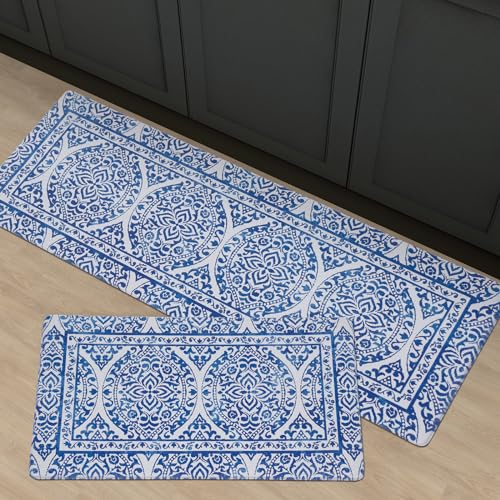 FRESHMINT 2 Piece Set Boho Kitchen Mats for Floor Bohemian Distressed Anti Fatigue Kitchen Rugs Vintage Farmhouse Cushioned Kitchen Runners for Standing Waterproof & Non-Skid Comfort, Sea Blue - color: Sea Blue