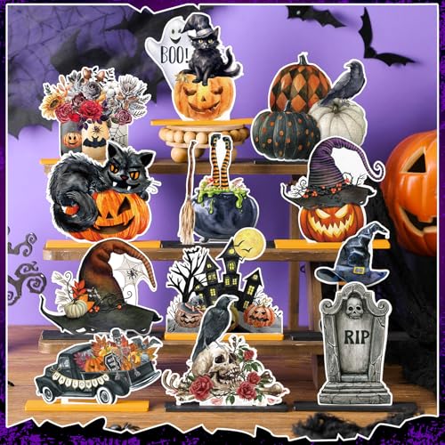 Marsui 12 Pcs Halloween Wooden Decor Pumpkin Ghost Cat Centerpieces - style: Halloween