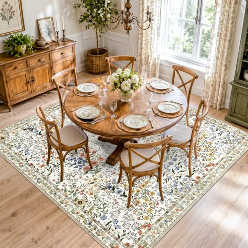 9x9 Square Area Rug Living Room, Non-Slip Floral Washable 8ft Square Rug Low Pile Thin Indoor Carpets for Dining Room Bedroom Office High Traffic Area Boho Vintage Home Decor (9ft Square, Beige) - color: Beige, size: 9x9