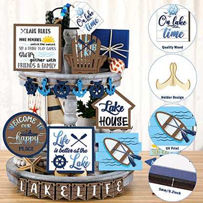 Bucherry 22 Pieces Summer Tiered Tray Decor Sets Farmhouse Lake Wood Sign