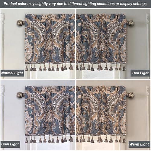 Loom and Mill European Damask Valances for Windows, Gray-Blue+Brown,54"x18" - color: Gray-blue+brown
