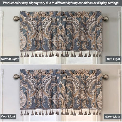 Loom and Mill European Damask Valances for Windows, Gray-Blue+Brown,54"x18" - color: Gray-blue+brown