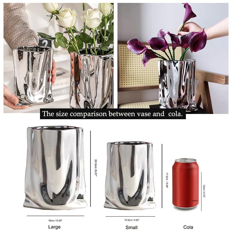 Ceramic Flower Vase, Crinkle Paper Shape, Silver Metal, Decorative Home Accent (Small) - size: Small