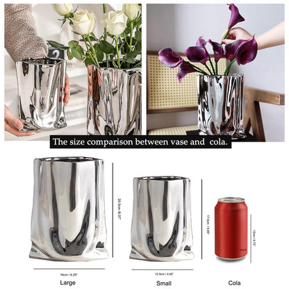 Ceramic Flower Vase, Crinkle Paper Shape, Silver Metal, Decorative Home Accent (Small) - size: Small