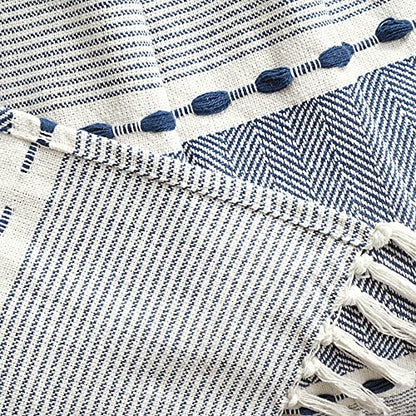 Lush Decor Herringbone Stripe Woven Tassel Yarn Dyed Cotton Tassel Throw Blanket 50" W x 60" L Navy & White - Striped Throw Blankets - Blue Couch Blanket - color: Herringbone Stripe Navy