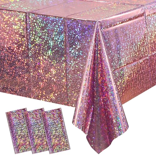 3 Pack New Iridescent Pink Tablecloth Party Decorations, Holographic Pink Glitter Plastic Tablecloth, Disposable Laser Rectangle Table Cover for Disco Birthday 70s Theme Party Decorations, 54x108 Inch - color: Iridescent Pink