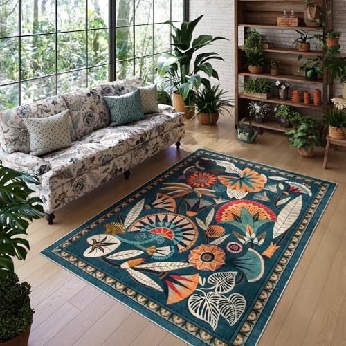 Zealude Boho Egypt Green Area Rugs for Living Room Bedroom, 5x7 Washable Large Dining Room Rug Non Slip, Floral Vintage Farmhouse Throw Carpet for Office Hardwood Floor Playroom (Dark Green,5 x 7) - color: Green, size: 5' x 7'(Rectangular)