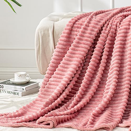 BEDELITE 3D Ribbed Jacquard Pink King Size Blankets for Bed, 108x90 Inch - color: Dusty Pink, size: King(108"x90")