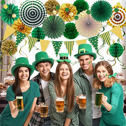 24 Pcs Green Gold Party Decorations, Paper Fans Banner and Swirls - color: Green