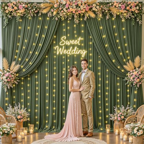 10 x 10ft Olive Green Backdrop Curtains with Lights String - color: Olive Green, size: W5' x H10'(2 panels)