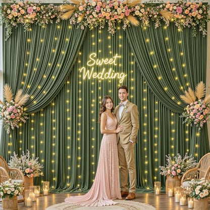 10 x 10ft Olive Green Backdrop Curtains with Lights String - color: Olive Green, size: W5' x H10'(2 panels)