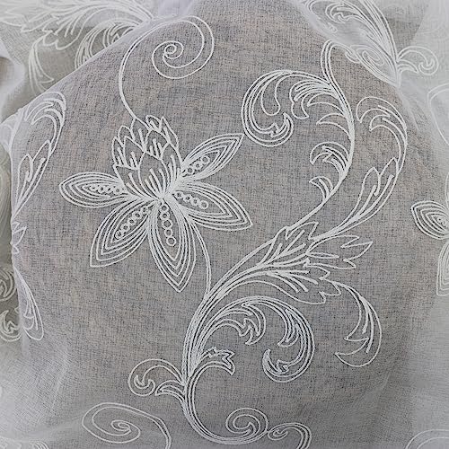 SLOW SOUL Set of 2 Panels White Lotus Floral Sheer Curtains Modern Semi Sheer Embroidered Curtains & Drapes for Bedroom Living Room Rod Pocket 54W X 96L inch