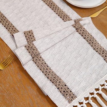 120 inch Table Runner Khaki Double Striped Boho Fall Decor - color: Khaki Double Stripes