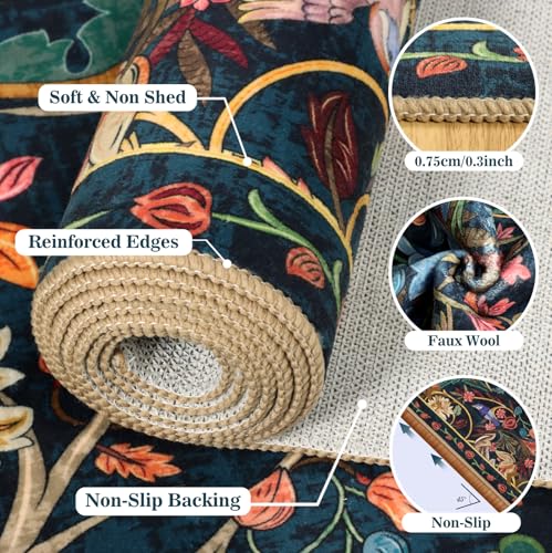 nesrt Washable Round Area Rugs 5ft for Living Room, Soft Non-Slip Boho Circle Kids Bedroom Rug, Low Pile Botanical Farmhouse Birds Throw Carpet for Dining Room Nursery Playroom (Dark Green) - color: Dark Green, size: 5' (Round)