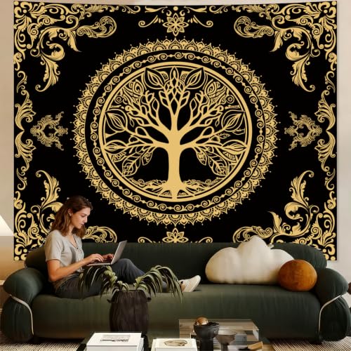 Black Golden Boho Tapestry for Bedroom, Hippie Tree of Life Wall Tapestries - color: H - Black Golden Tapestry, size: 60"L x 51"W