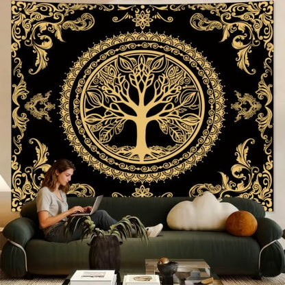 Black Golden Boho Tapestry for Bedroom, Hippie Tree of Life Wall Tapestries - color: H - Black Golden Tapestry, size: 60"L x 51"W
