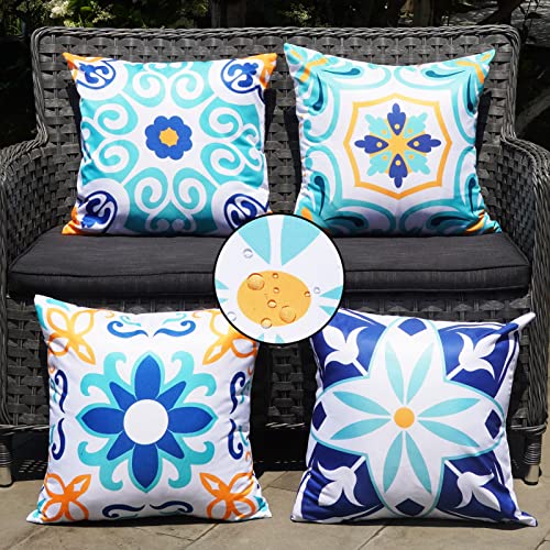 ONWAY Outdoor Boho Pillow Covers Waterproof 20x20 Set of 4 Floral Farmhouse Decorative Outdoor Throw Pillows for Bench Couch Patio Furniture Decorations - color: Blueyellow, size: 20" x 20" (Pack of 4)