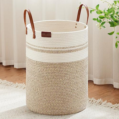 VIPOSCO 100L Tall Woven Rope Laundry Hamper, Leather Handles, Brown & White - color: Brown & White, size: 100L
