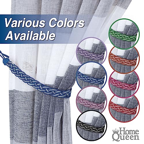 Home Queen Hand Braided Curtain Tie Back, Buckle Holdback Drapery Curtain Tiebacks, 6 Rope Belt Curtain Tie with 6 Metal Hooks, Navy and Silver - color: Navy+silver, size: 6 Pack