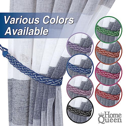 Home Queen Hand Braided Curtain Tie Back, Buckle Holdback Drapery Curtain Tiebacks, 6 Rope Belt Curtain Tie with 6 Metal Hooks, Navy and Silver - color: Navy+silver, size: 6 Pack