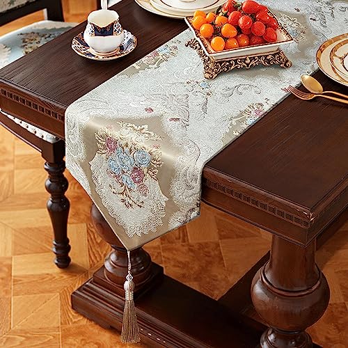 Jacquard Thick Table Runner 60" Beige with Tassels Retro Bling Embroidery - color: Beige, size: 13x60"