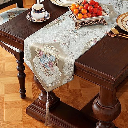 Jacquard Thick Table Runner 60" Beige with Tassels Retro Bling Embroidery - color: Beige, size: 13x60"