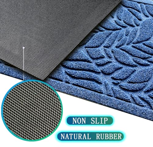 Bulijojo Front Door Mat Entrance,Durable Heavy Duty Welcome Mat,Thick Absorbent Natural Rubber Non Slip Mat,Sturdy Entryway Blue Leaves 17x30 - color: Blue Leaves, size: 1'5" x 2'6" (Rectangular)
