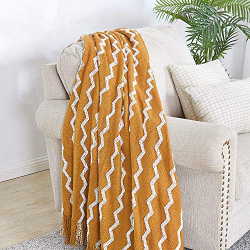 BOURINA Knitted Throw Blanket Boho Chenille Blanket,Dark Gold 50x60Inch - color: A-mustard, size: 50"×60"