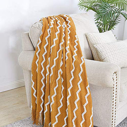 BOURINA Knitted Throw Blanket Boho Chenille Blanket,Dark Gold 50x60Inch - color: A-mustard, size: 50"×60"