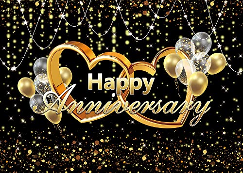 Happy Anniversary Backdrop Black and Gold Balloons Photography Background Poster for Wedding Anniversary Party Birthday Party Decorations Banner 9x6ft - size: 9x6FT(270x180cm)
