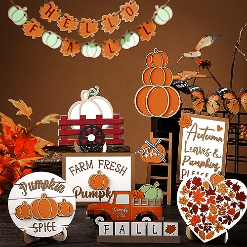 Maitys 23 Pcs Fall Tiered Tray Decor, Pumpkin Maple Leaf Truck Wooden Sign