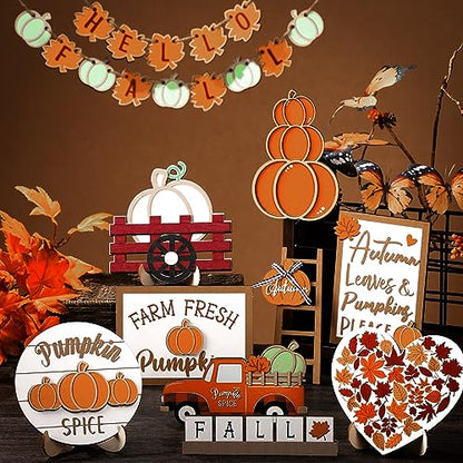 Maitys 23 Pcs Fall Tiered Tray Decor, Pumpkin Maple Leaf Truck Wooden Sign