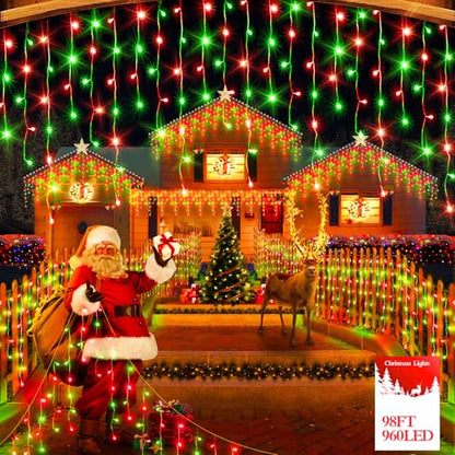 98FT 960 LED Christmas Lights , Waterproof 8 Modes Ice Lights for Outside with Memory and Timer Hanging Fairy Lights Plug-in Curtain String Lights for Holiday Party Wedding Home (Red and Green) - color: Turquoise