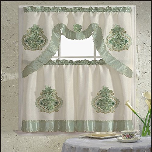 BH Home & Linen 3-piece Floral Embroidered Window Kitchen Curtains Set (Majestic Green) - color: Majestic Green