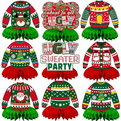 9 Pcs Ugly Sweater Party Decorations Honeycomb Centerpiece - style: Christmas Ugly Sweater Party