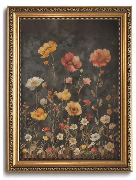 Vintage Floral Gold Framed Canvas Wall Art 12x16 | Dark Academia Wall Decor, Wildflower Botanical Canvas Print, Moody Vintage Floral Picture - color: Dark wildflower, size: 16"L x 12"W
