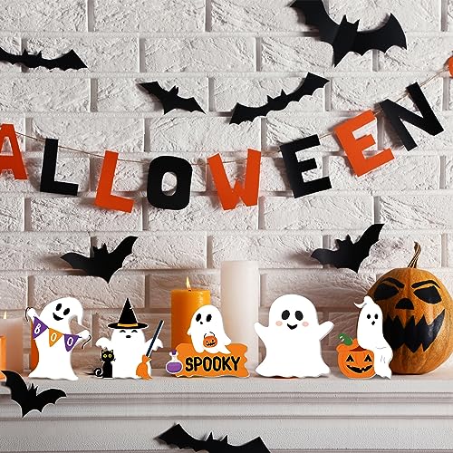 Huwena 9 Pcs Halloween Wooden Ghost Table Decoration Halloween Ghosts Signs