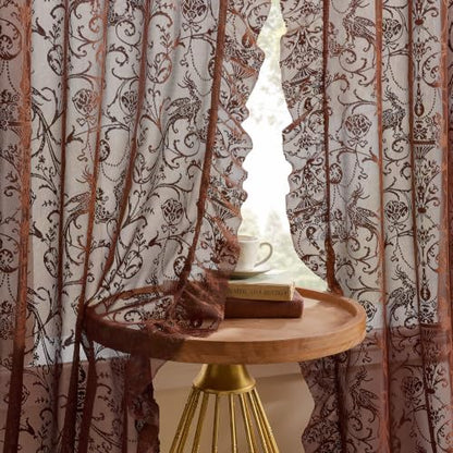 TUDECO Brown Lace Floral Curtains 72 Inch Long, Ruffle Edge, 2 Panels - color: Brown, size: 59"W x 72"L (Pack of 2)