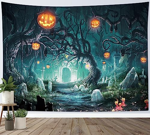HVEST Halloween Tapestry Pumpkin and Black Bat in Scary Graveyard Forest Wall Art for Bedroom, Horror Halloween Night Tapestry Wall Hanging for Living Room Dorm Holiday Wall Decor, 60W X 40L inches - color: Black Green, size: 40"L x 60"W