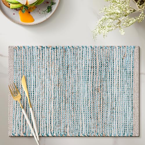 Cotton/Jute Placemats Set of 4-13x19 Inch,Natural-Aqua Turquoise - color: Natural - Aqua Turquoise