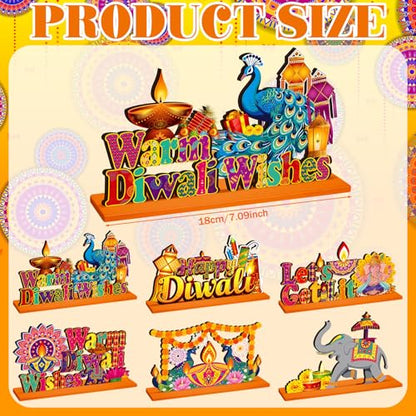 CroBlissful 6 Pcs Diwali Wooden Table Decor, Warm Diwali Washes Wooden Sign - style: Diwali