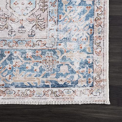 Bloom Rugs Caria Washable Non-Slip 5x7 Rug - Beige/Ocean Blue Traditional Area Rug for Living Room, Bedroom, Dining Room, and Kitchen - Exact Size: 5' x 7' - color: Beige / Ocean Blue, size: 5' x 7' (Rectangular)