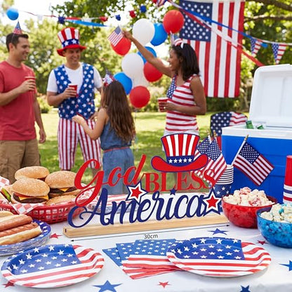 Roowest Metal God Bless America Table Decor Sign with Wood Base - style: Independence Day