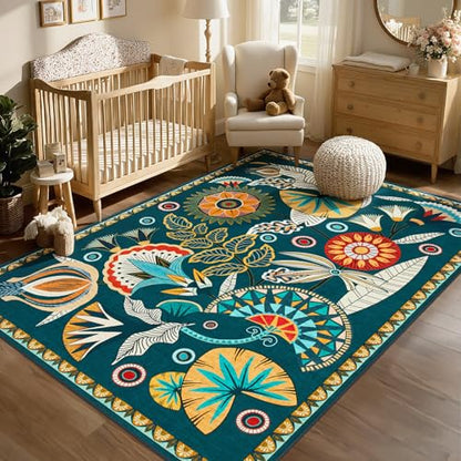 Joydeco Egypt Floral Machine Washable Living Room Bedroom Area Rugs 5x7 - color: Dark Green, size: 5' x 7' (Rectangular)