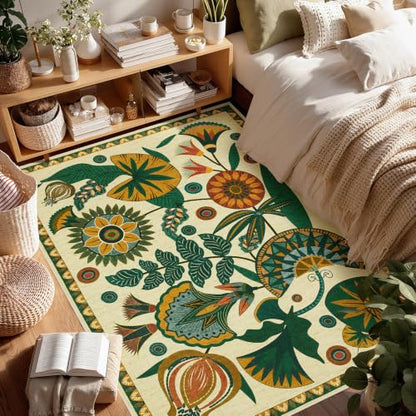 Joydeco 3x5 Washable Entryway Rug Non Slip, Egypt Floral Beige Bedroom Rug - color: Beige, size: 3' x 5' (Rectangular)