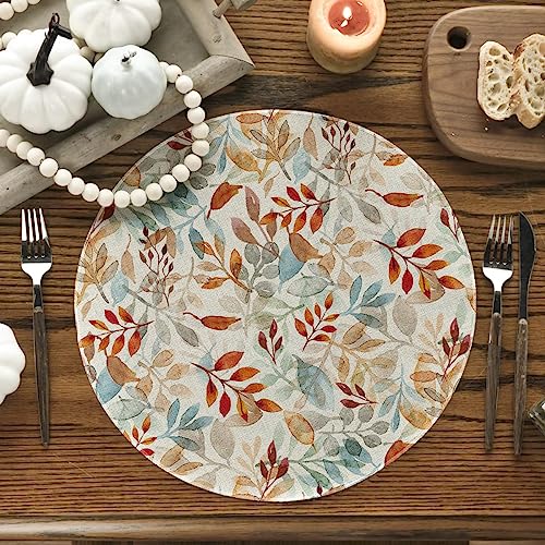 Artoid Mode Leaves Round Fall Placemats Set of 4, 14 Inch Seasonal Autumn Thanksgiving Round Table Mats for Dining Decoration - size: 14", Round 4 Pcs