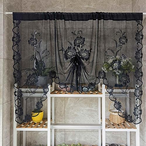 2pcs Black Floral Embroidery Tie Up Sheer Lace Curtain Valance - color: Black, size: 70"W x 39"L (Pack of 2)