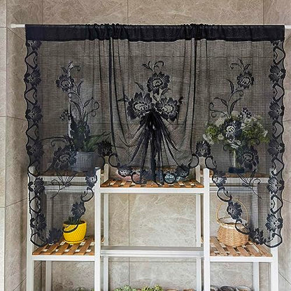 2pcs Black Floral Embroidery Tie-up Sheer Lace Curtain Valance - color: Black, size: 59"W x 39"L (Pack of 2)
