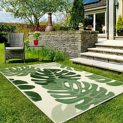 Lukinbox Leaf Indoor Outdoor Area Rugs for Patio, 5x7 Green Washable Living Room Rug Tropical Monstera Plant Non-Slip Bedroom Rugs, Large Accent Area Carpets for Dinning Room Porch - size: 5' x 7'