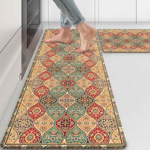 Moroccan Kitchen Rug Mats for Floor Cushioned Anti Fatigue Boho Vintage Kitchen Rugs Sets of 2 Red Yellow Non Slip Waterproof Comfort Memory Foam Standing Floor Mat for Laundry Sink Desk - color: Brown Yellow, size: 46"Lx17"W+29"Lx17"W-0.3"H